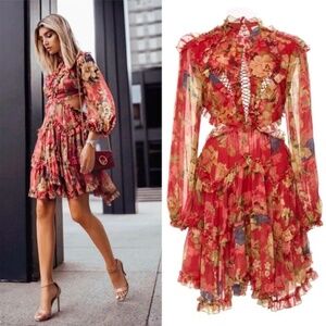 Zimmermann Melody Lace Up Dress 100% Silk Ruffle Cutout Floral (Blogger Fave)